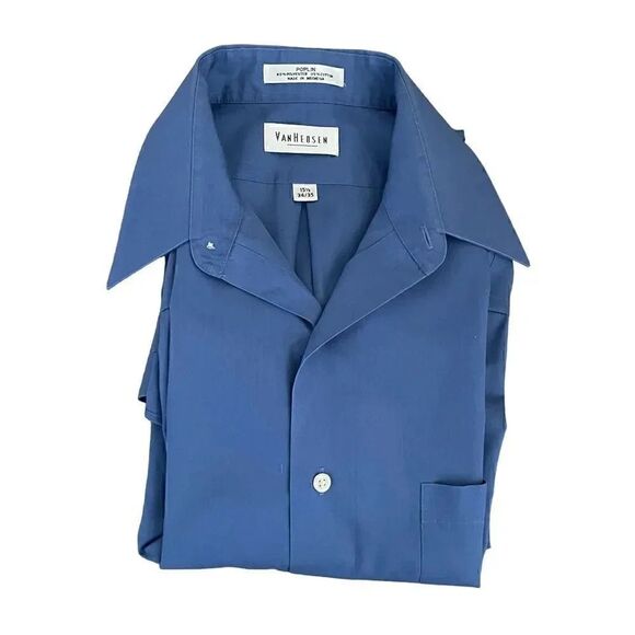 Van Heusen Poplin Blue Long Sleeves Cotton Blend Button DownShirt SZ 34/35 - Picture 8 of 11